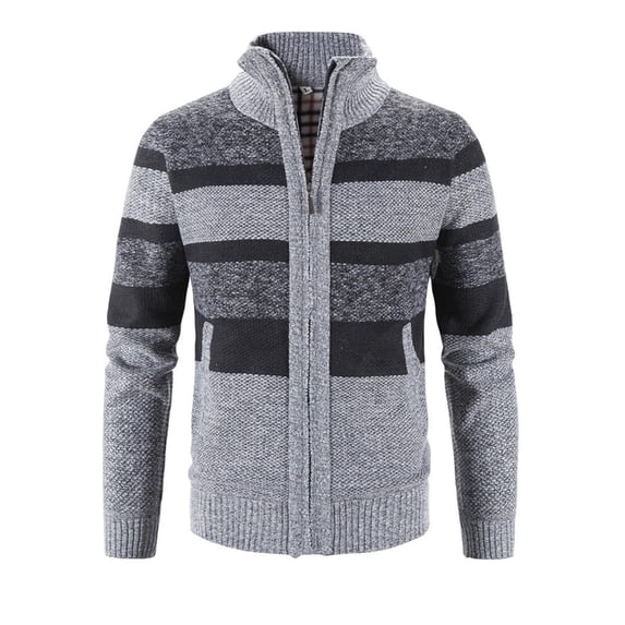 GigrtiJin Men's Full Zip Sweaters Coat Patchwork Casual Cardigan Knitted Long Sleeve Stand Collar Soft Warm Outwear