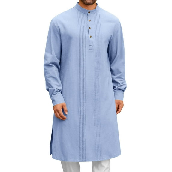 GigrtiJin Men's Linen Shirt Solid Color Crew Neck Long Sleeve Button Long Hem Blouse Elegant Dressy Tops for Men