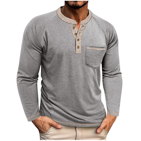 GigrtiJin Men's Long Sleeve Casual Shirt Solid Color Crew Neck Half Button Sport Blouse with Pocket Loose Comfortable Tops