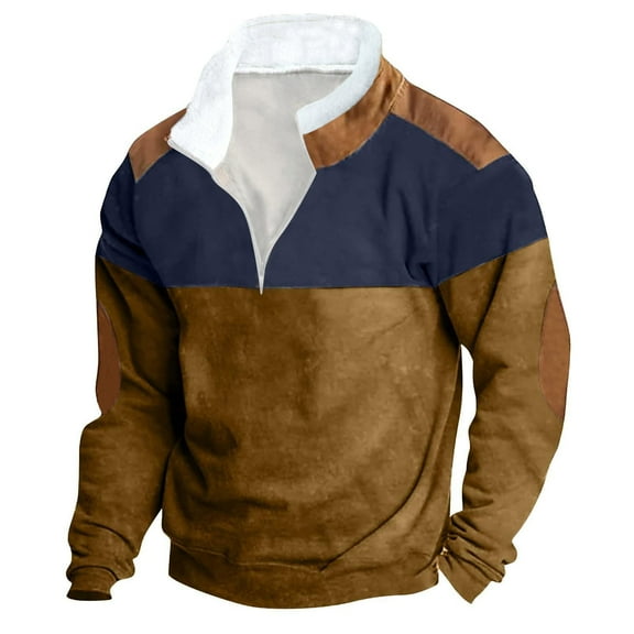 GigrtiJin Men's Oversized Fleece Hoodless Sweatshirt Patchwork Color Standing Collar Long Sleeve Blouse Winter Warm Activewear Tops