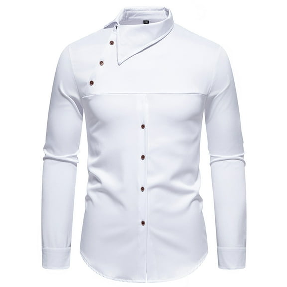 GigrtiJin Men's Personality Slanted Collar Cotton Tops Solid Color Stand Collar Button Down Long Sleeve Casual Blouse