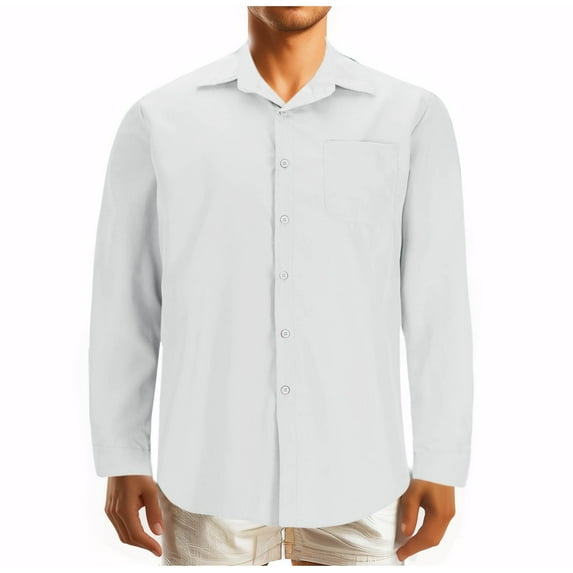 GigrtiJin Men's Plus Size Cotton Blouse Solid Color Lapel Long Sleeve Button Down Shirt With Pocket Basic Casual Breathable Tops