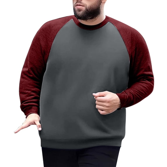 GigrtiJin Men's Plus Size Cotton Top Plush Color Block Long Sleeved Shirt Casual Round Neck Loose Sweatshirt Blouse