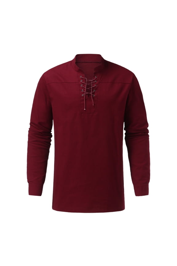 Men鈥檚 Scottish Shirt Cotton and Linen Solid Color Long Sleeve Lace up Retro Medieval Renaissance Pirate Top