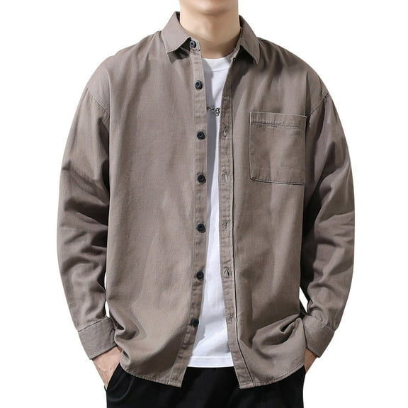 GigrtiJin Men's Thick Long Sleeved Shirt Plus Size Button down Solid Color Lapel Top Workwear Loose Casual Shirts