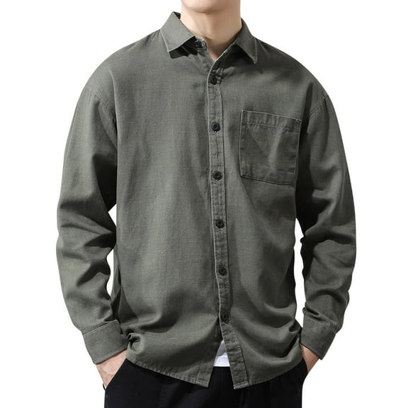 GigrtiJin Men's Thick Long Sleeved Shirt Plus Size Button down Solid Color Lapel Top Workwear Loose Casual Shirts