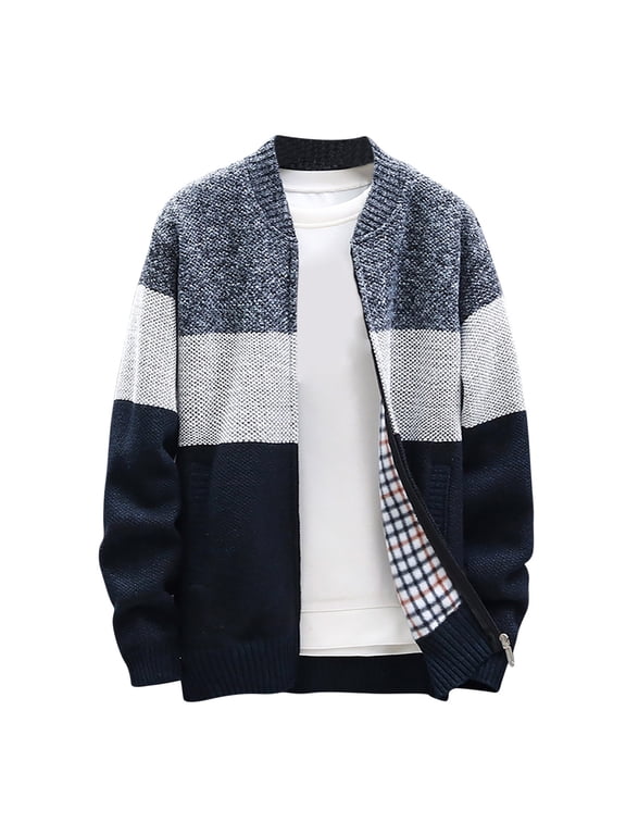 Mens Cardigon Sweater Outcoat Color Block Pullover Zip Up Long Sleeve Pocket Blouse Trendy Casual Jacket