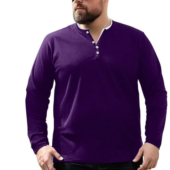 GigrtiJin Mens Fall Plus Size Shirt Long Sleeved Button Round Neck Blouse Loose Solid Color Casual Pullover Top