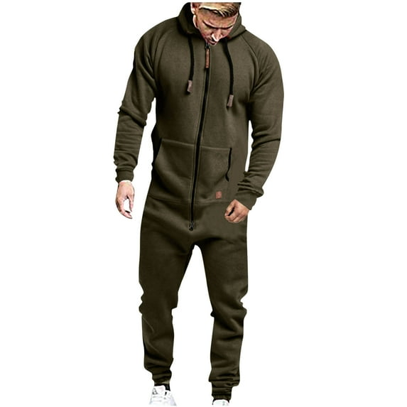 GigrtiJin Mens Hooded Jumpsuits Solid Color Zipper Drawstring Long Sleeve Sweatshirt with Pocket Winter Thermal Workout Sets