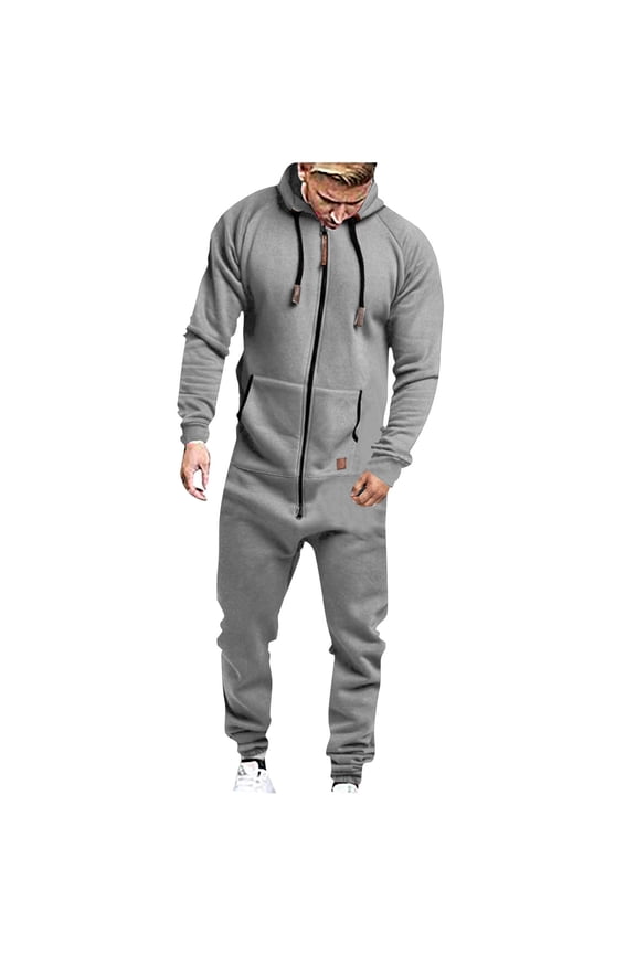 Mens Hooded Jumpsuits Solid Color Zipper Drawstring Long Sleeve Sweatshirt with Pocket Winter Thermal Workout Sets