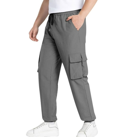 GigrtiJin Mens Lightweight Cargo Pants Solid Color Elastic Waisted Drawstring Multipocket Cinch Bottom Sport Pants