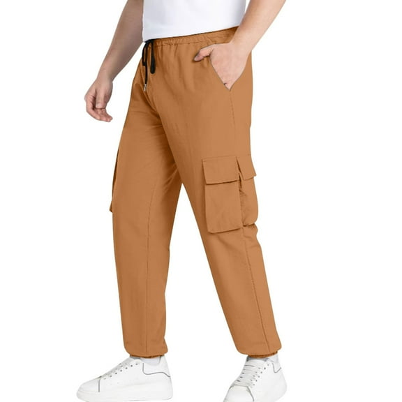GigrtiJin Mens Lightweight Cargo Pants Solid Color Elastic Waisted Drawstring Multipocket Cinch Bottom Sport Pants
