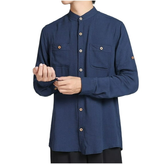 GigrtiJin Mens Long Sleeve Cardigan Shirt Solid Color Stand-Up Collar Button down Shirts Jackets with Pocket