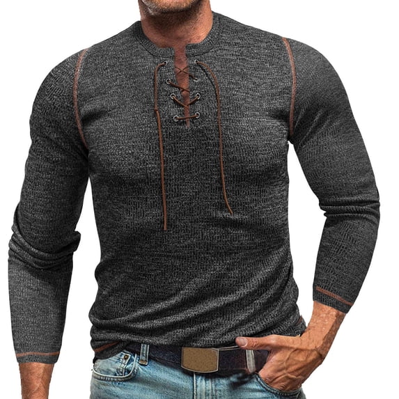 GigrtiJin Mens Outdoor Sport Tops Solid Color Lace Up Crew Neck Long Sleeve Blouse Trendy Casual Breathable Shirt