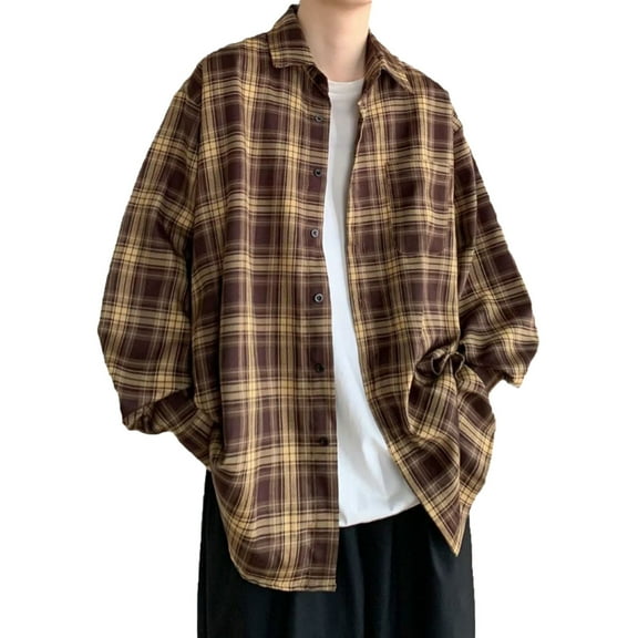 GigrtiJin Mens Oversized Trendy Shirt Striped Plaid Printed Lapel Long Sleeve Blouse Baggy Button Down Tops with Pocket