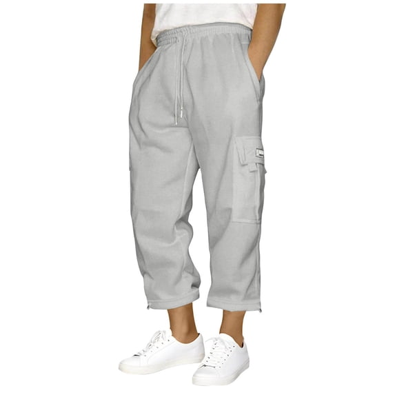 GigrtiJin Mens Plus Size Capris Pants Solid Color Elastic Waisted Drawstring Multipocket Cargo Pants Daily Casual SweatPants