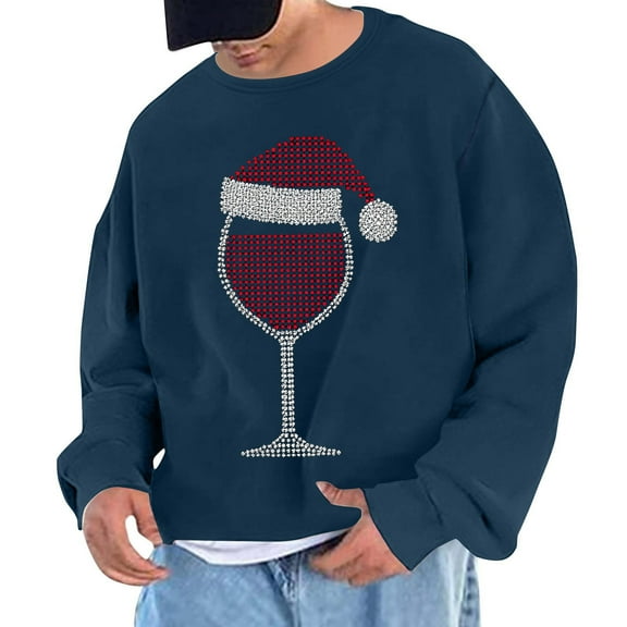 GigrtiJin Mens Pullover Sweatshirt Christmas Wine Glasses Printed Crew Neck Long Sleeve Baggy Casual Tops