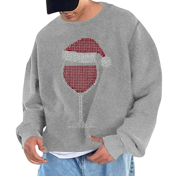 GigrtiJin Mens Pullover Sweatshirt Christmas Wine Glasses Printed Crew Neck Long Sleeve Baggy Casual Tops