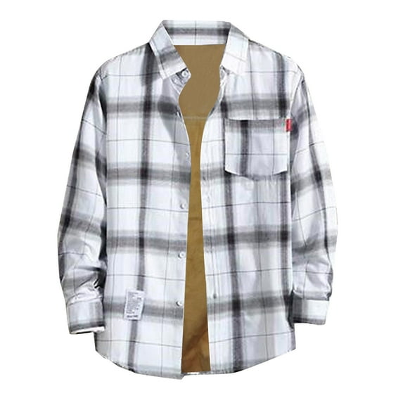 GigrtiJin Mens Thicken Thermal Blouse Plaid Printed Turndown Collar Long Sleeve Button Down Cardigon Jacket with Chest Pocket