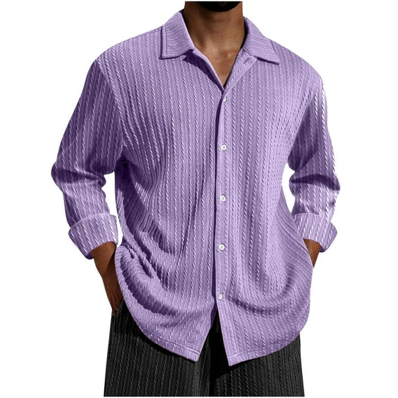 GigrtiJin Mens Vintage Shirt Solid Color Cable Knitted Lapel Button Down Long Sleeve Tops Trendy Casual Blouse