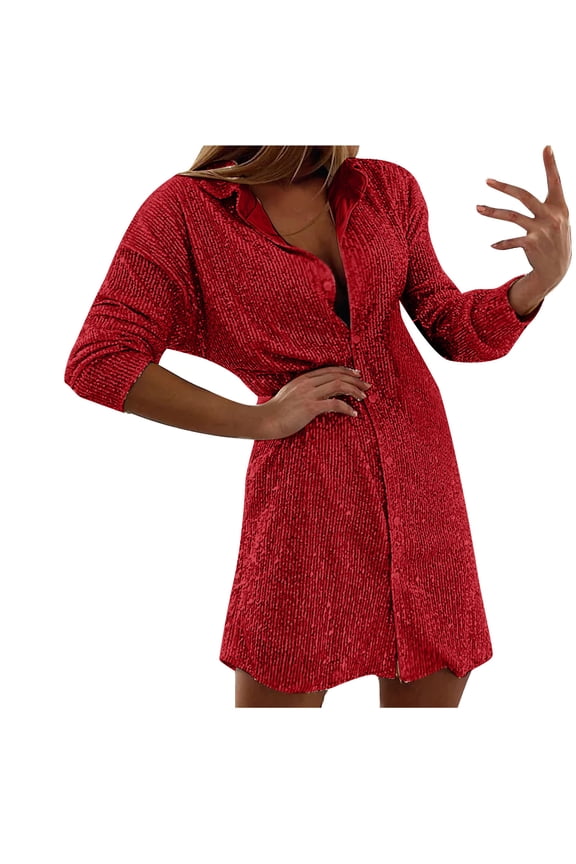 Midi Sequin Dress for Women Sparkle Button down Shirt Dresses Long Sleeve Lapel V Neck Party Dress