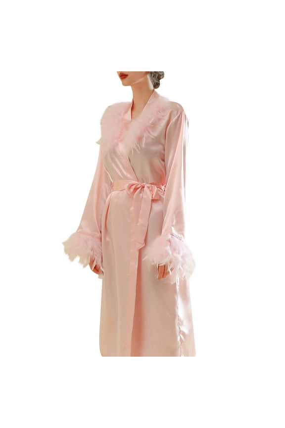 Nightgowns for Women Baggy Cozy Belt Robes Long Bathrobes Cuff Feather Sleepwear Wedding Bridesmaid Satin Robe