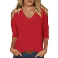 thumbnail image 1 of GigrtiJin Off Shoulder 3/4 Sleeve Shirts for Womens Casual V Neck Pullover Blouses Fashion Solid Color Tops, 1 of 5