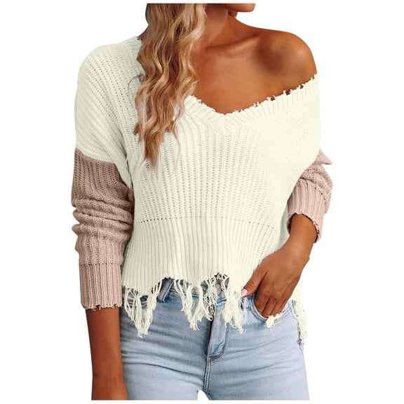 GigrtiJin Off the Shoulder Sweater for Women Color Block Ribbed V Neck Long Sleeve Knitted Blouse Trendy Casual Tunic