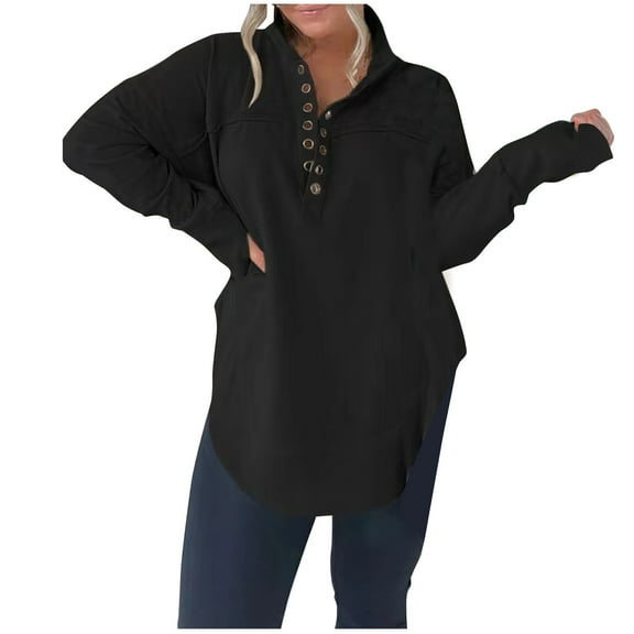 GigrtiJin Oversized Pullover Tops for Women Stand Collar Button down Solid Sweatshirts Long Sleeve Warm Pullover Blouse