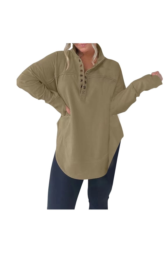 Oversized Pullover Tops for Women Stand Collar Button down Solid Sweatshirts Long Sleeve Warm Pullover Blouse