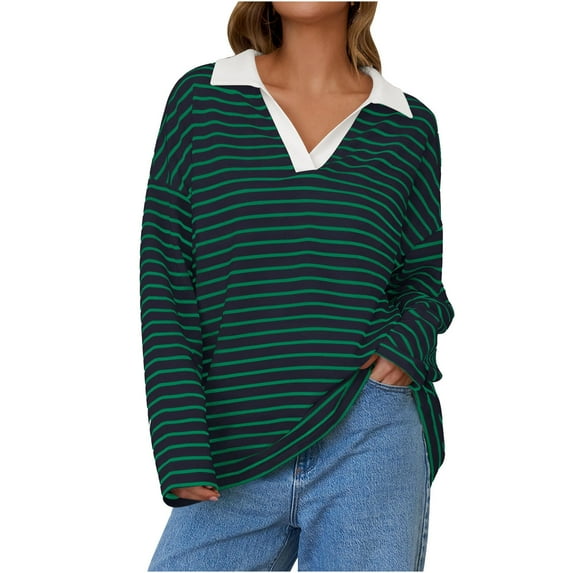 GigrtiJin Oversized Striped Tops for Women Long Sleeve V Neck Color Block Pullover Blouse Going out Trendy Casual Shirts