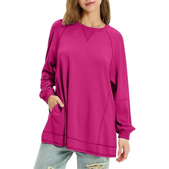 GigrtiJin Oversized Sweatshirt for Women Loose Round Neck Long Sleeved Sweatshirts Solid Color Fashion Casual Tops