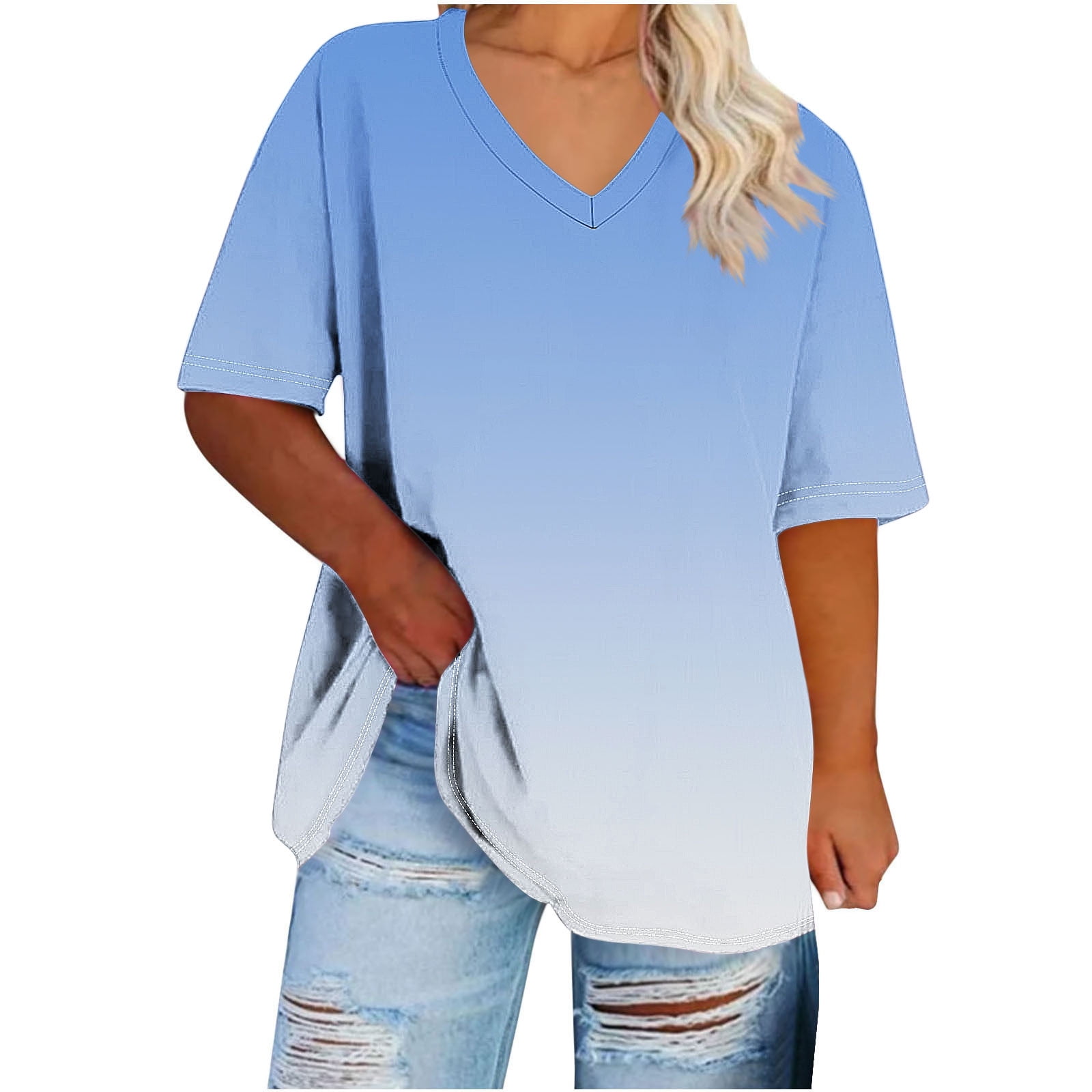 GigrtiJin Plus Size Casual Tops for Women Short Sleeve V Neck Gradient ...