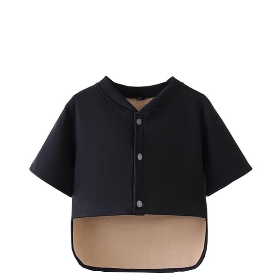 GigrtiJin Plus Size Cropped Jacket for Women Solid Color Crew Neck Button Down Short Sleeve Outcoat