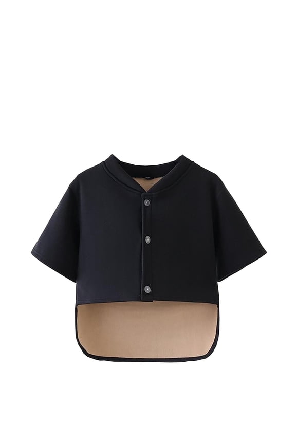 Plus Size Cropped Jacket for Women Solid Color Crew Neck Button Down Short Sleeve Outcoat