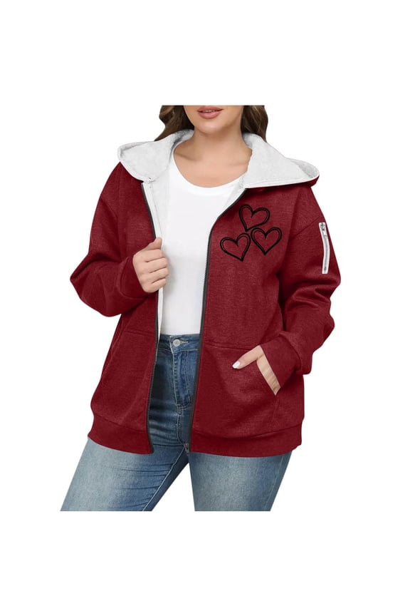 Plus Size Fleece Cardigan Trench Coat for Women Heart Printed Hooded Zip Up Long Sleeve Jacket with Pocket
