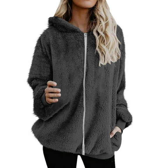 GigrtiJin Plus Size Fleece Fuzzy Coat for Women Long Sleeves Hooded Zipper Warm Comfy Solid Jackets with Pockets