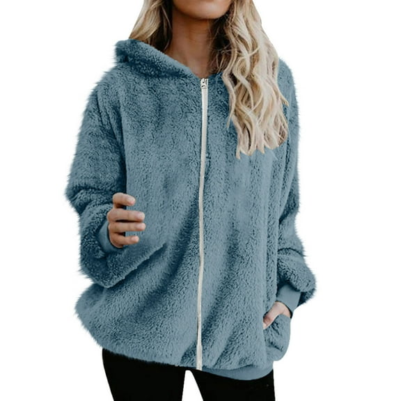 GigrtiJin Plus Size Fleece Fuzzy Coat for Women Long Sleeves Hooded Zipper Warm Comfy Solid Jackets with Pockets