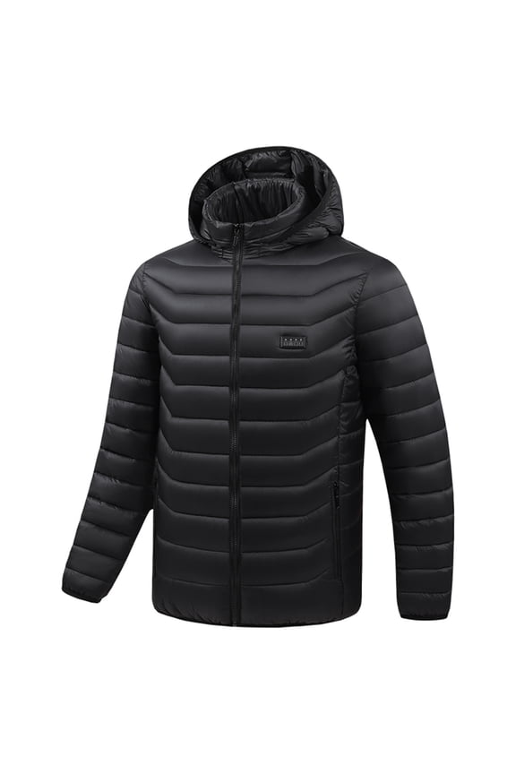 Plus Size Heated Down Jacket for Men Solid Color Stand Collar Full Zipper Long Sleeve Hooded Outcoat Winter Thermal Tops