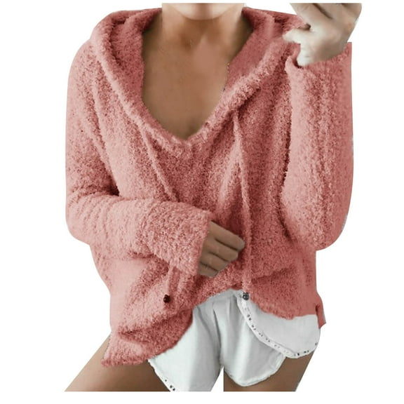 GigrtiJin Plus Size Hoodies for Womens Long Sleeve V Neck Plush Pullover Sweatshirt Casual Loose Drawstring Blouse Top