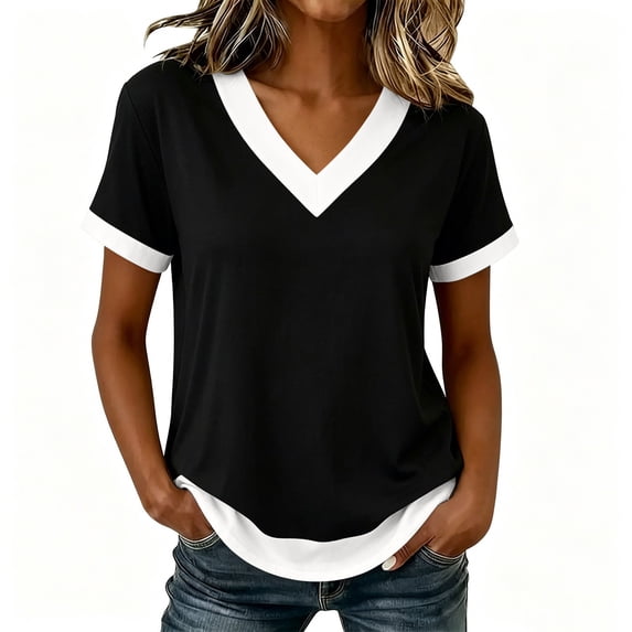 GigrtiJin Plus Size T Shirts for Womens Trendy Color Block Short Sleeve Tees Womens Baggy Casual Cropped Outdoor V Neck T Shirts