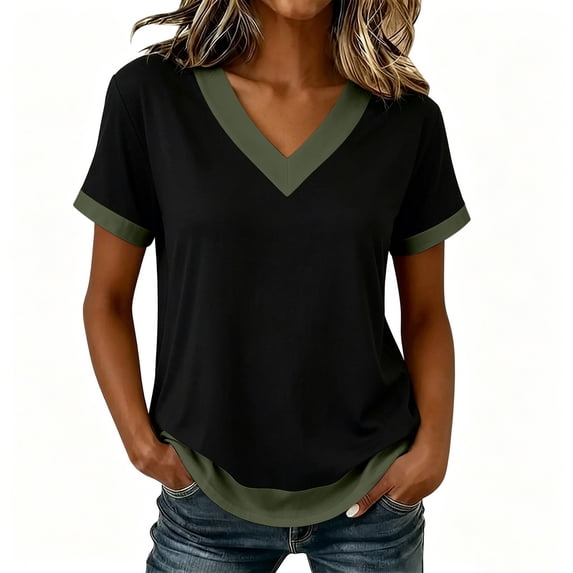 GigrtiJin Plus Size T Shirts for Womens Trendy Color Block Short Sleeve Tees Womens Baggy Casual Cropped Outdoor V Neck T Shirts