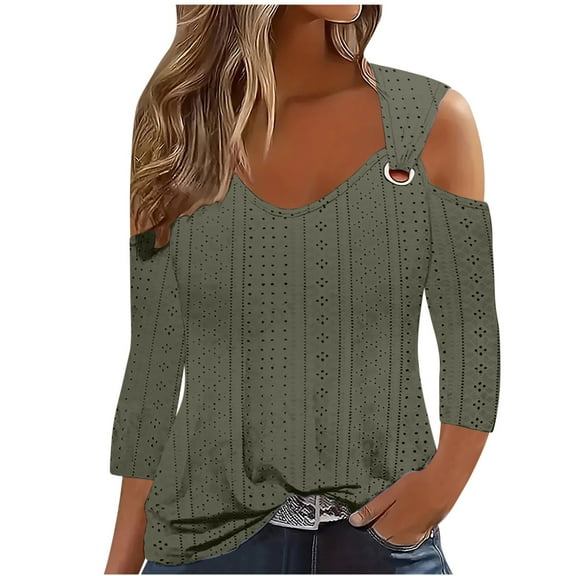 GigrtiJin Plus Size Tops for Women Trendy Tshirts Long Sleeve Crew Neck Top off Shoulder Hollow out Casual Blouse