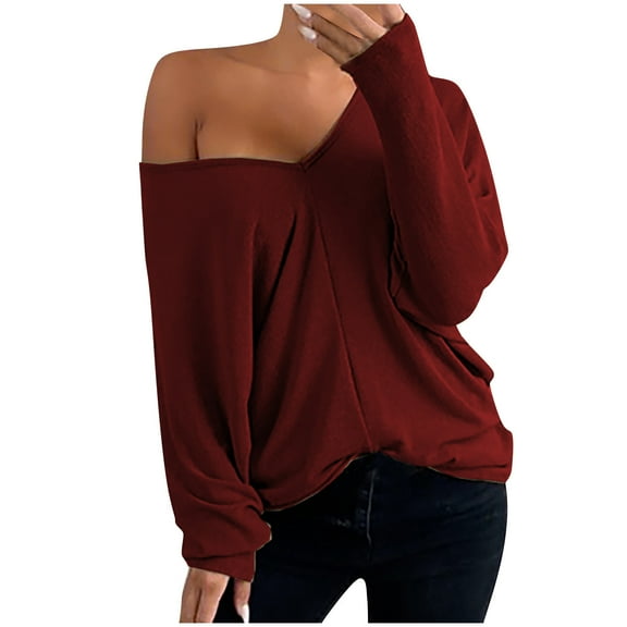 GigrtiJin Plus Size Tops for Women Long-Sleeved Casual V-Neck Pullover Top Solid Color Basic Loose Shirt Blouse
