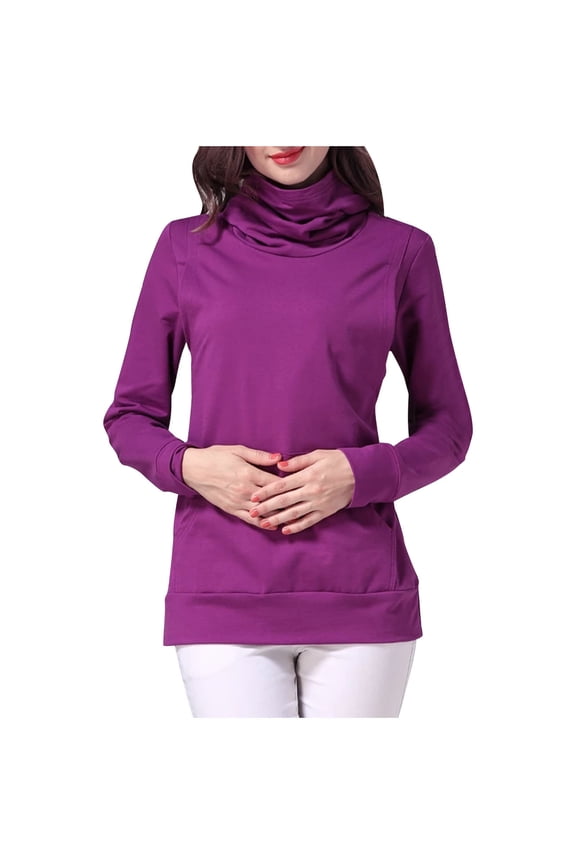 Pregnant Knitting Cotton Nursing Tops Solid Color Turtleneck Long Sleeve Postpartum Tunic with Pocket Maternity Cozy Blouse