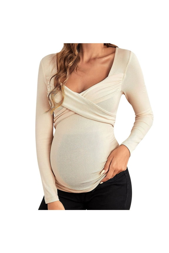 Pregnant Women's Knitting Cotton Blouse Solid Color Long Sleeve Quare Neck Crossover Front Shirt Loose Flowy Tunic