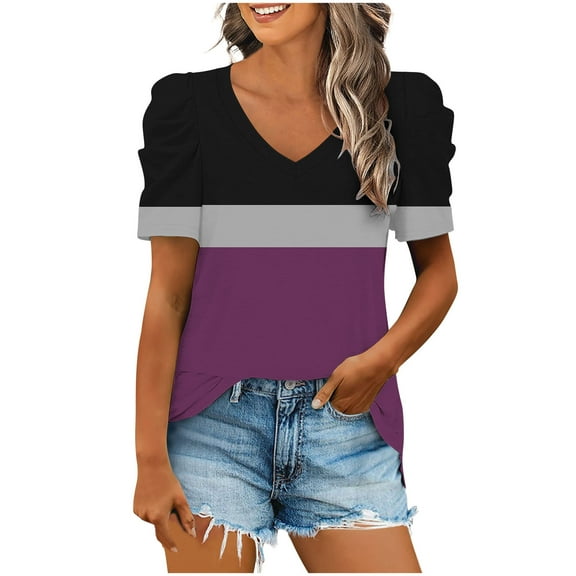 GigrtiJin Puff Sleeve Tops for Women V Neck Color Block Loose Blouse Trendy Casual T-Shirt