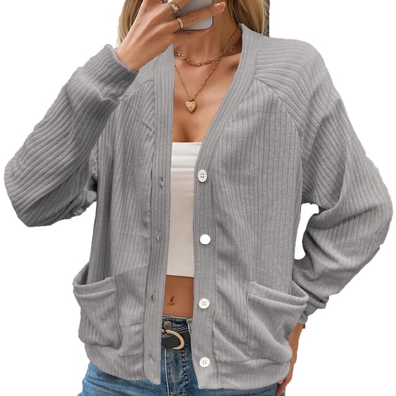 GigrtiJin Ribbed Jacket for Women Solid Color Cardigan Button Down Long Sleeve Outcoat with Pocket Casual Lightweight Outwear