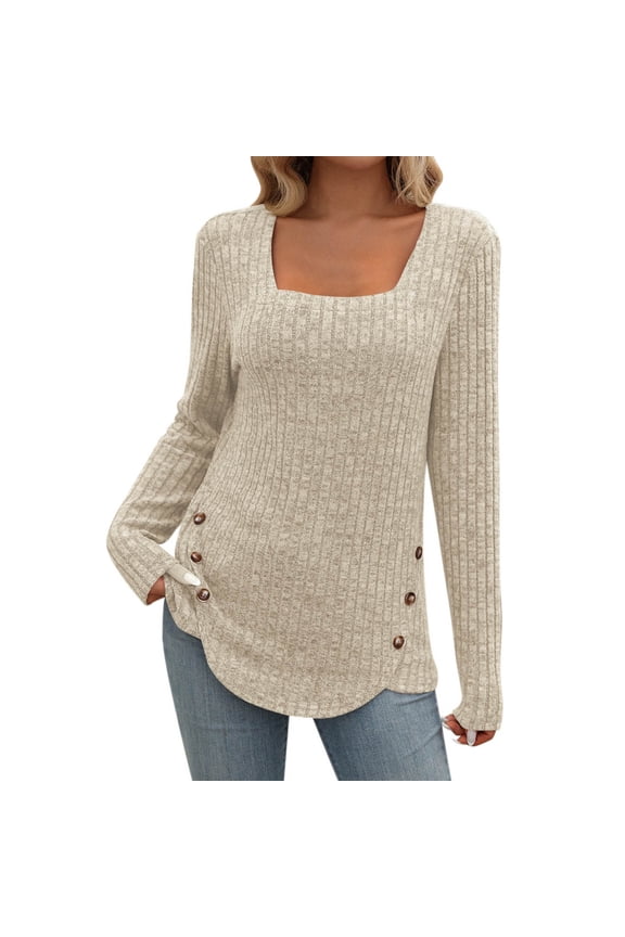 Ribbed Knitted Sweater for Women Solid Color Square Neck Long Sleeve Button Blouse Casual Trendy Tunic