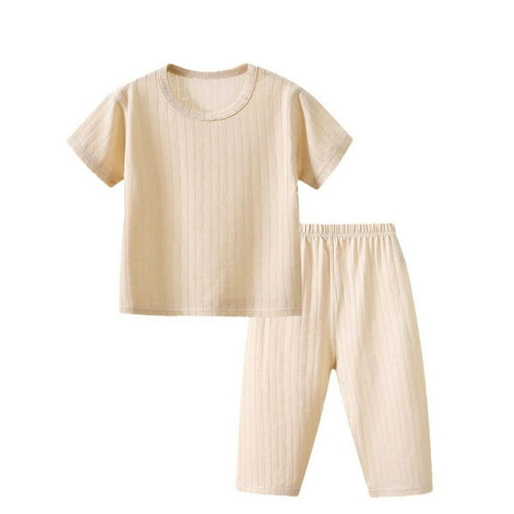 GigrtiJin Ribbed Pajama Outfits for Kids Solid Color Crew Neck Short Sleeve Blouse Long Pants Comfy Casual Sleeping Set 6 Months-11 Years